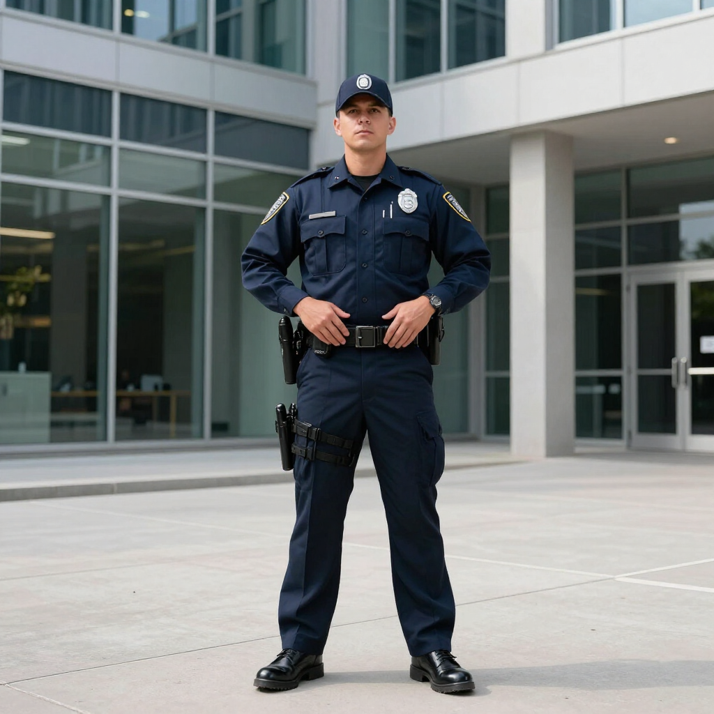 Police officer standing outside a modern building, hands on hips, in dark uniform.