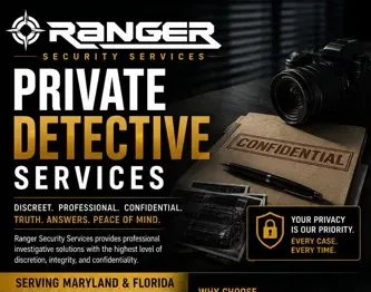 Ranger Security Services ad for private detective services, with camera, clipboard, and privacy badge in black and gold.