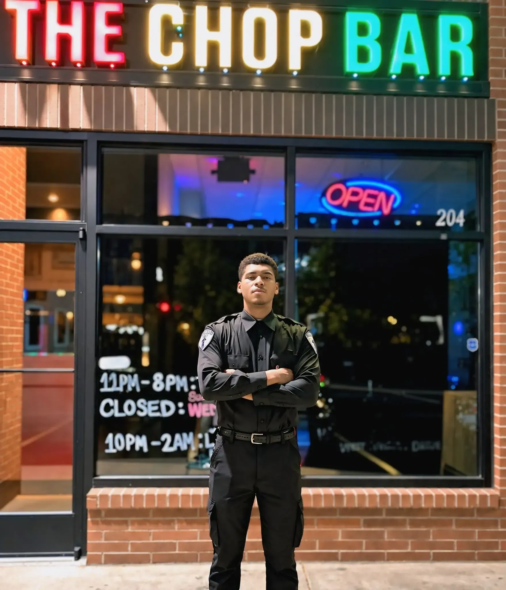 Person in black uniform stands outside The Chop Bar at night under neon OPEN signs.