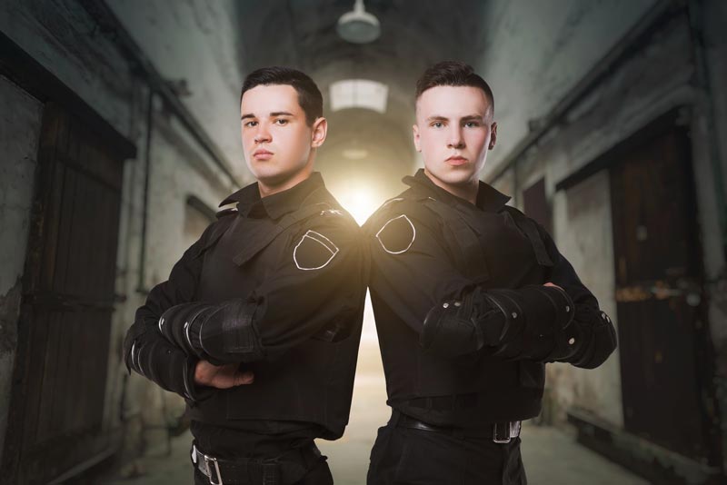 Two people in black uniforms with arms crossed, standing back-to-back in a dimly lit hallway.