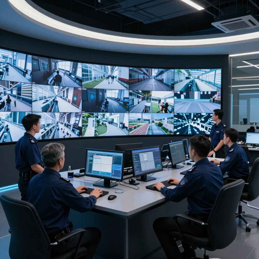 Security team monitoring multiple surveillance feeds in a modern control room.