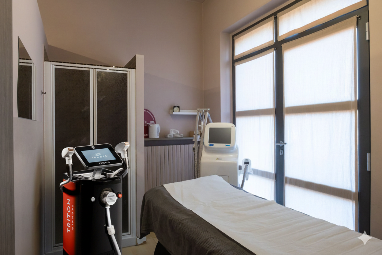 una stanza con un letto e una macchina in un salone di bellezza
