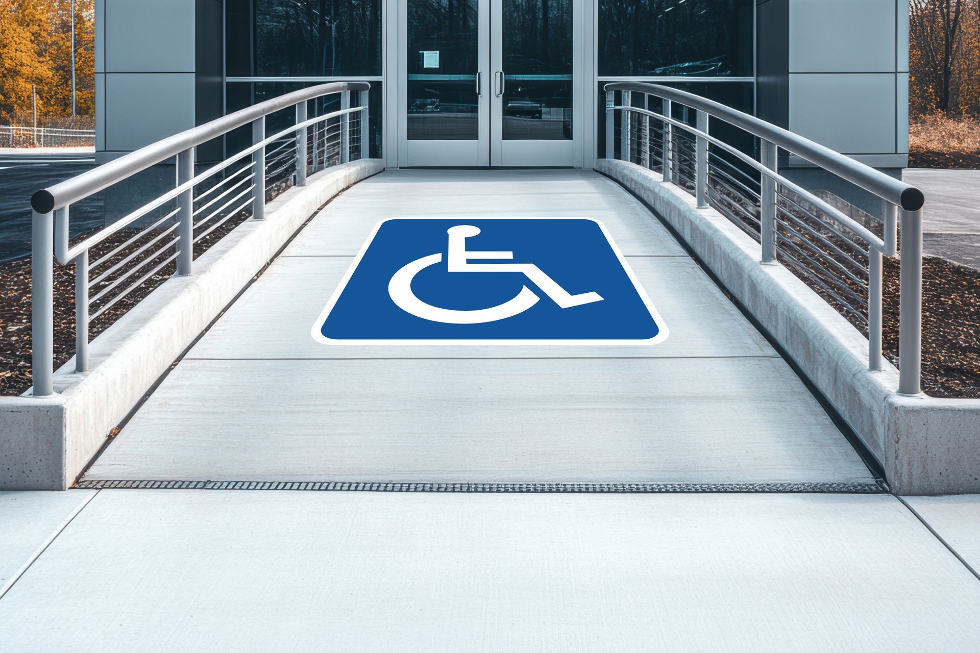 A ramp with a handicap sign on it is leading to a building.