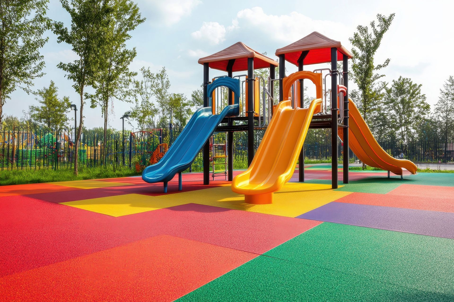 A colorful playground with two slides and a tower in a park.