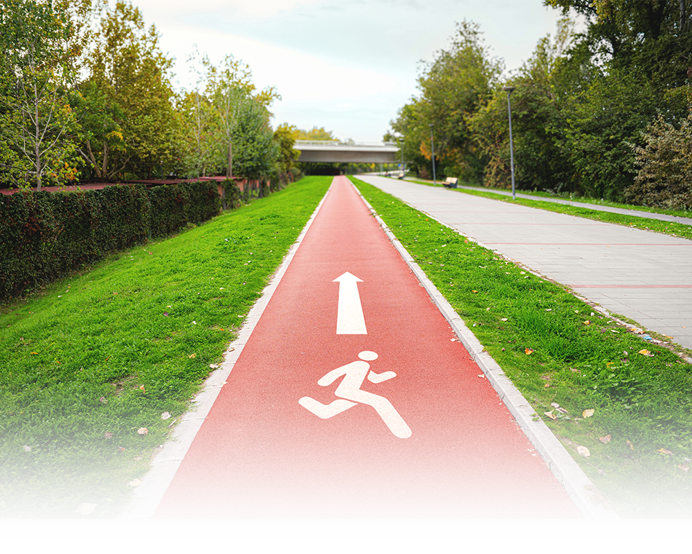 A red path with a white arrow
