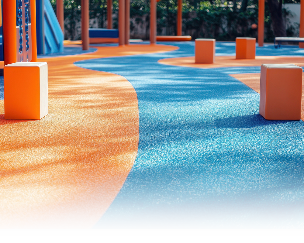 A playground with a blue and orange floor and a slide.