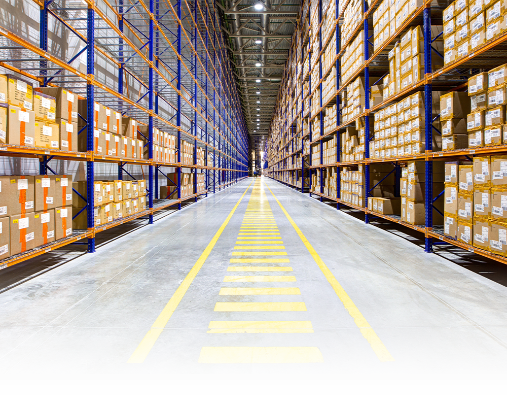warehouse walkway with yellow line markings