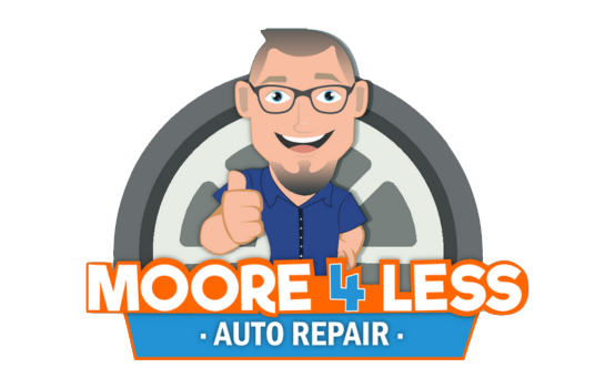 Logo for Moore 4 Less Auto Repair: smiling mechanic with thumbs up, in front of a tire, orange and blue text.