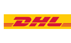 DHL logo in red on a yellow background with horizontal stripes