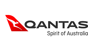 Qantas logo with red kangaroo tail and black “QANTAS” text, tagline “Spirit of Australia”