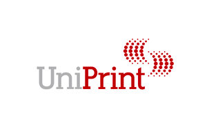 UniPrint logo with gray and red text and a red dotted swirl icon