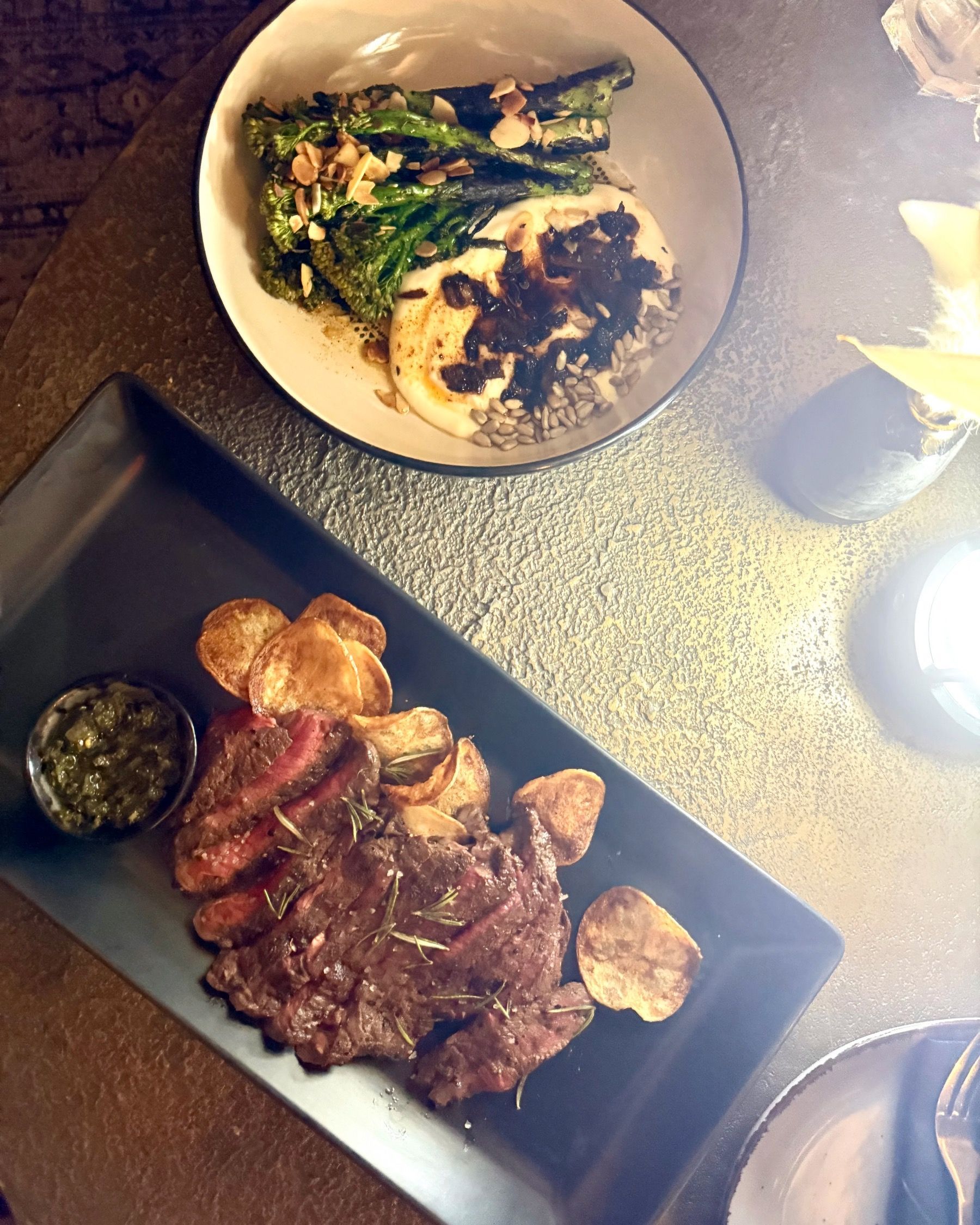 Steak with chimichurri, thin fries and broccolini at Batanga Kloof Street