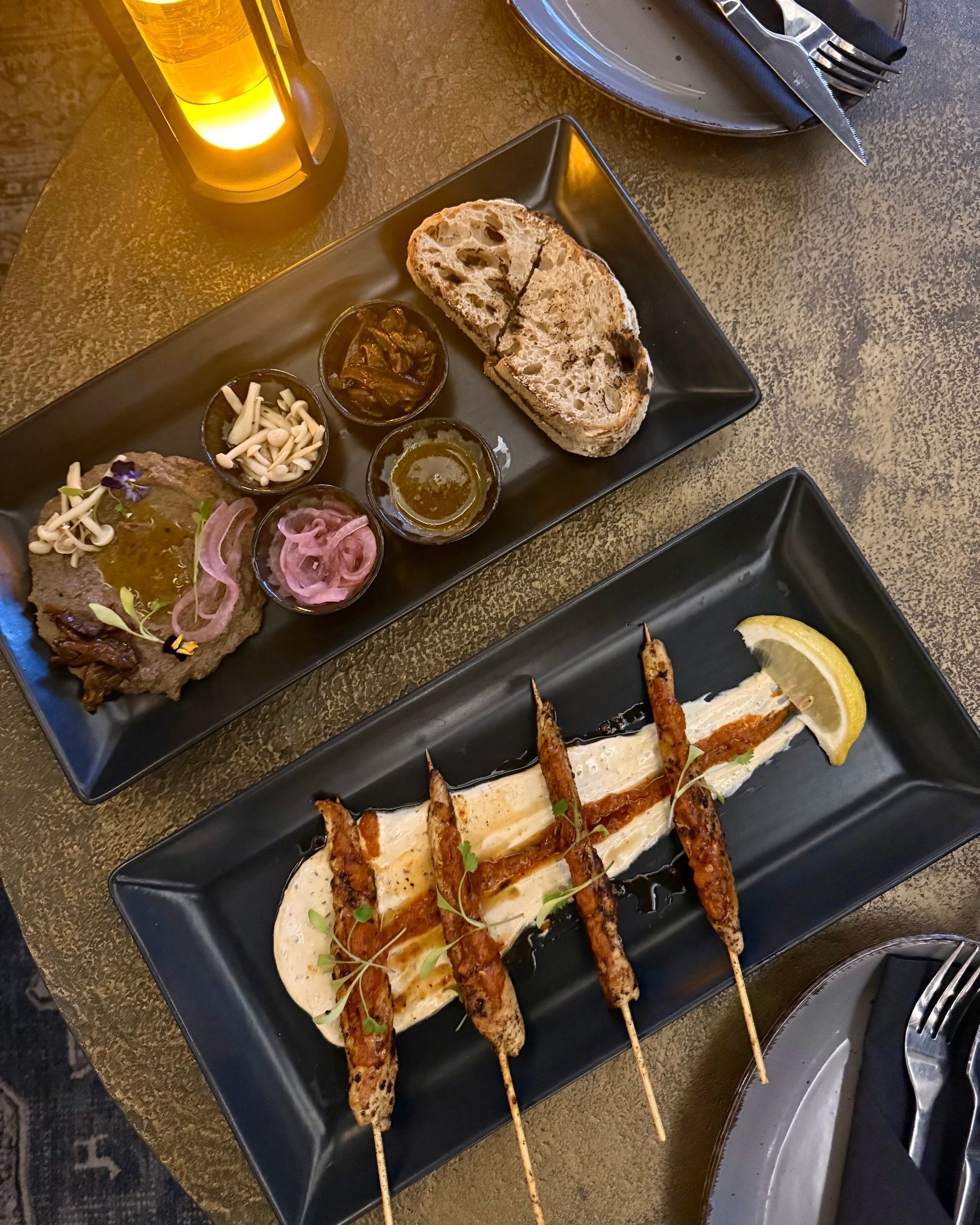 Prego chicken skewers and mushroom faux gras small plates at Batanga