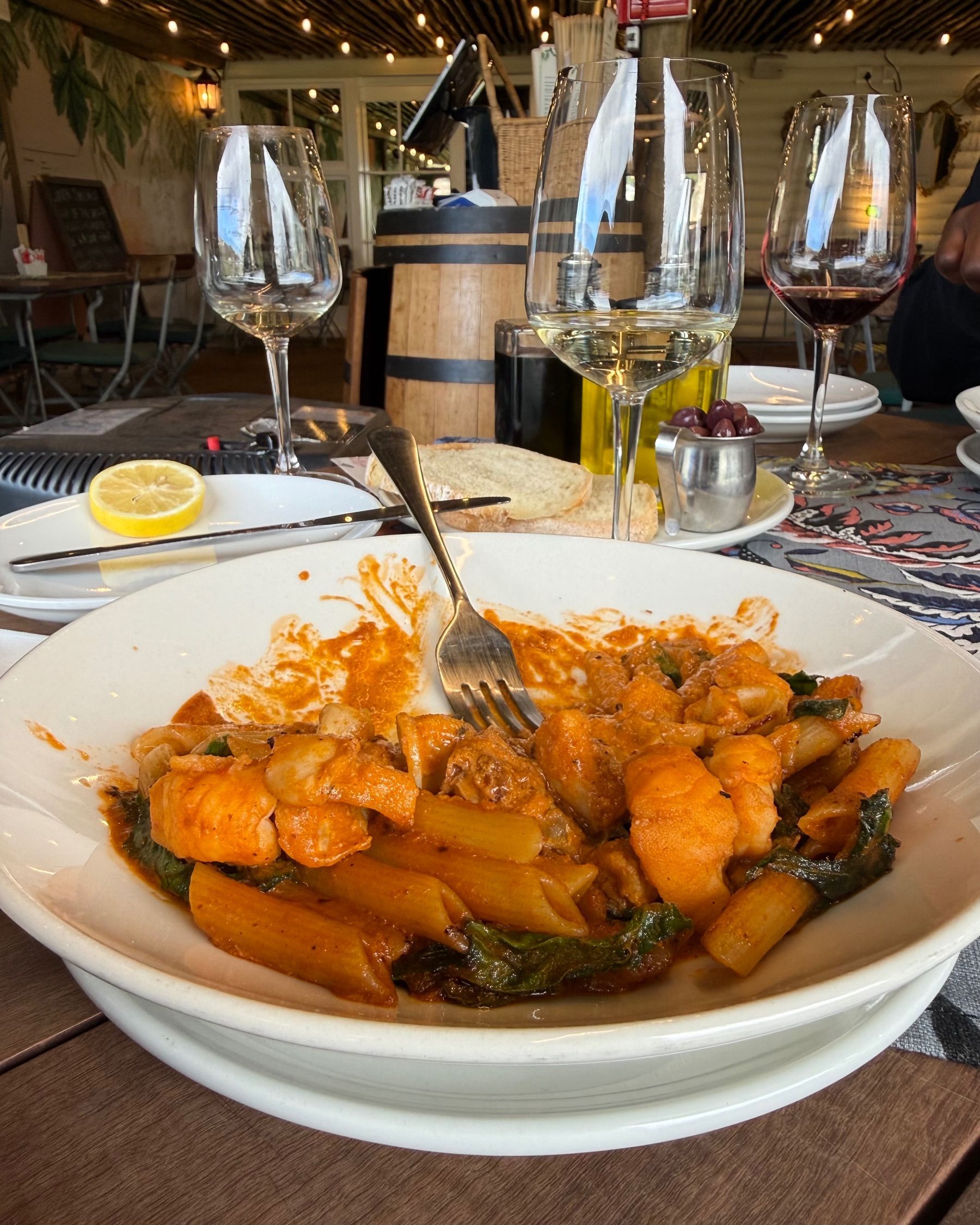 Close-up of seafood penne pasta at Chardonnay Deli Uitsig
