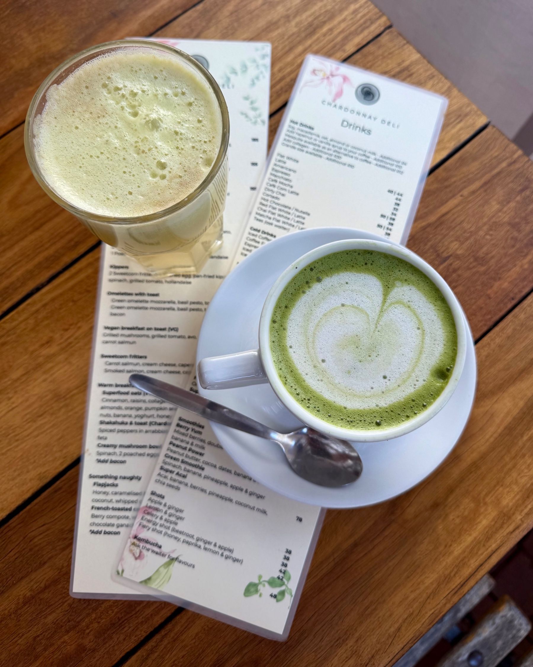 Super C juice and matcha latte at Chardonnay Deli High Constantia
