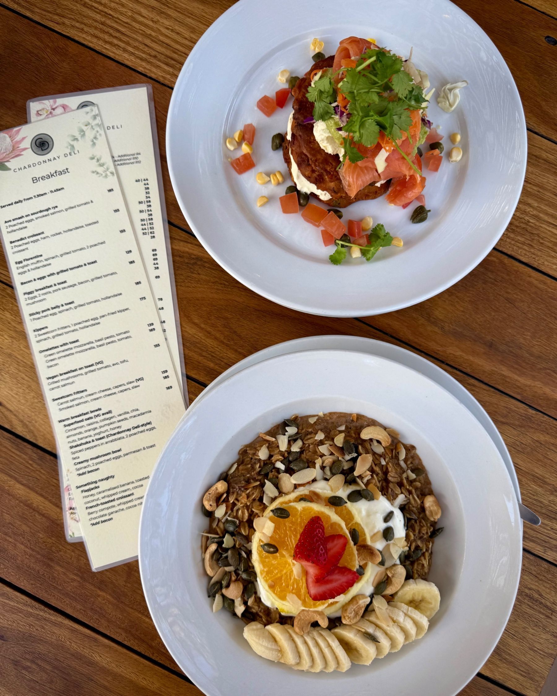 Sweet corn fritters and superfood oats at Chardonnay Deli High Constantia
