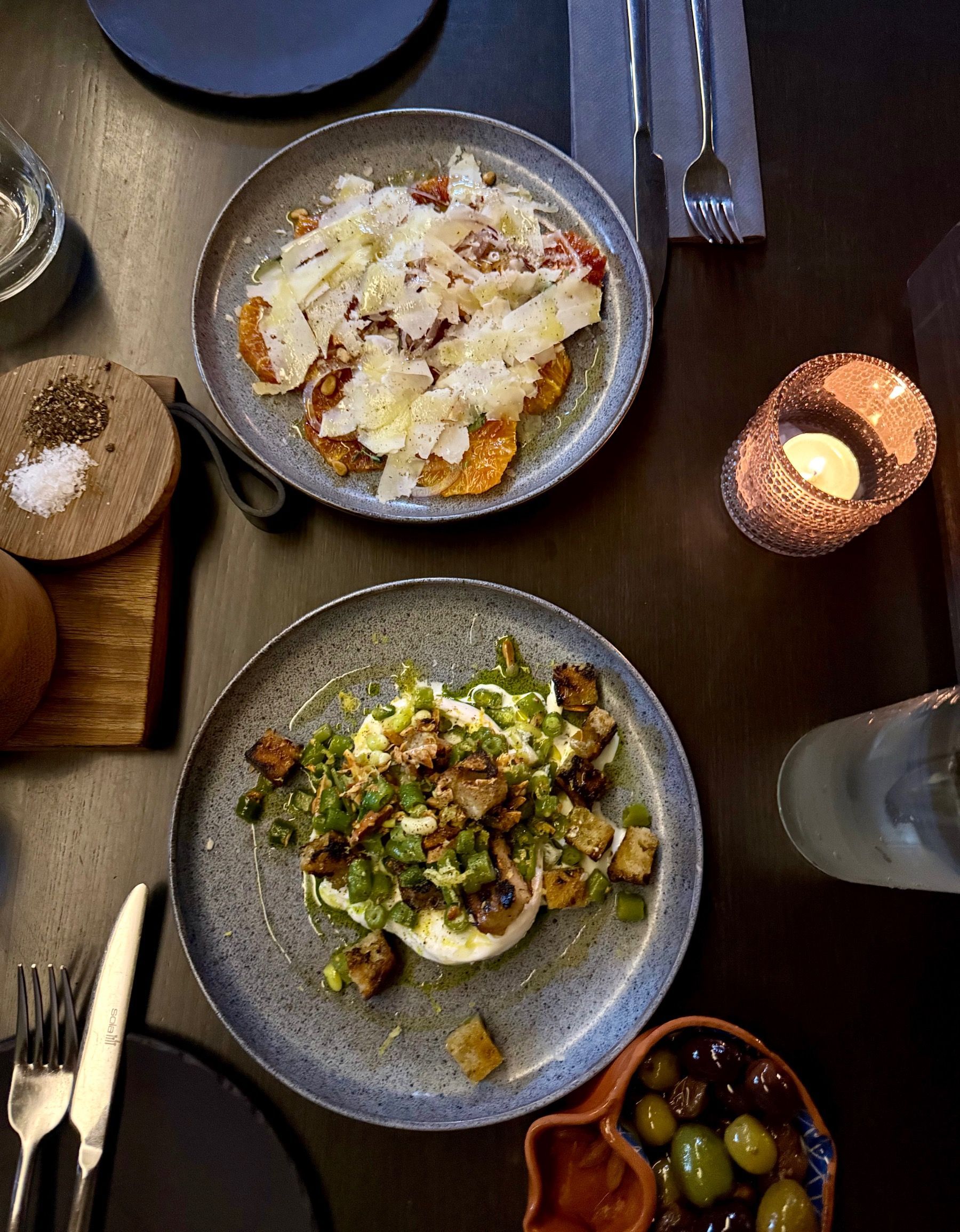 Burrata with bergamot and beans and blood orange with Belnori cheese at Elgr, Kloof Street, Cape Town