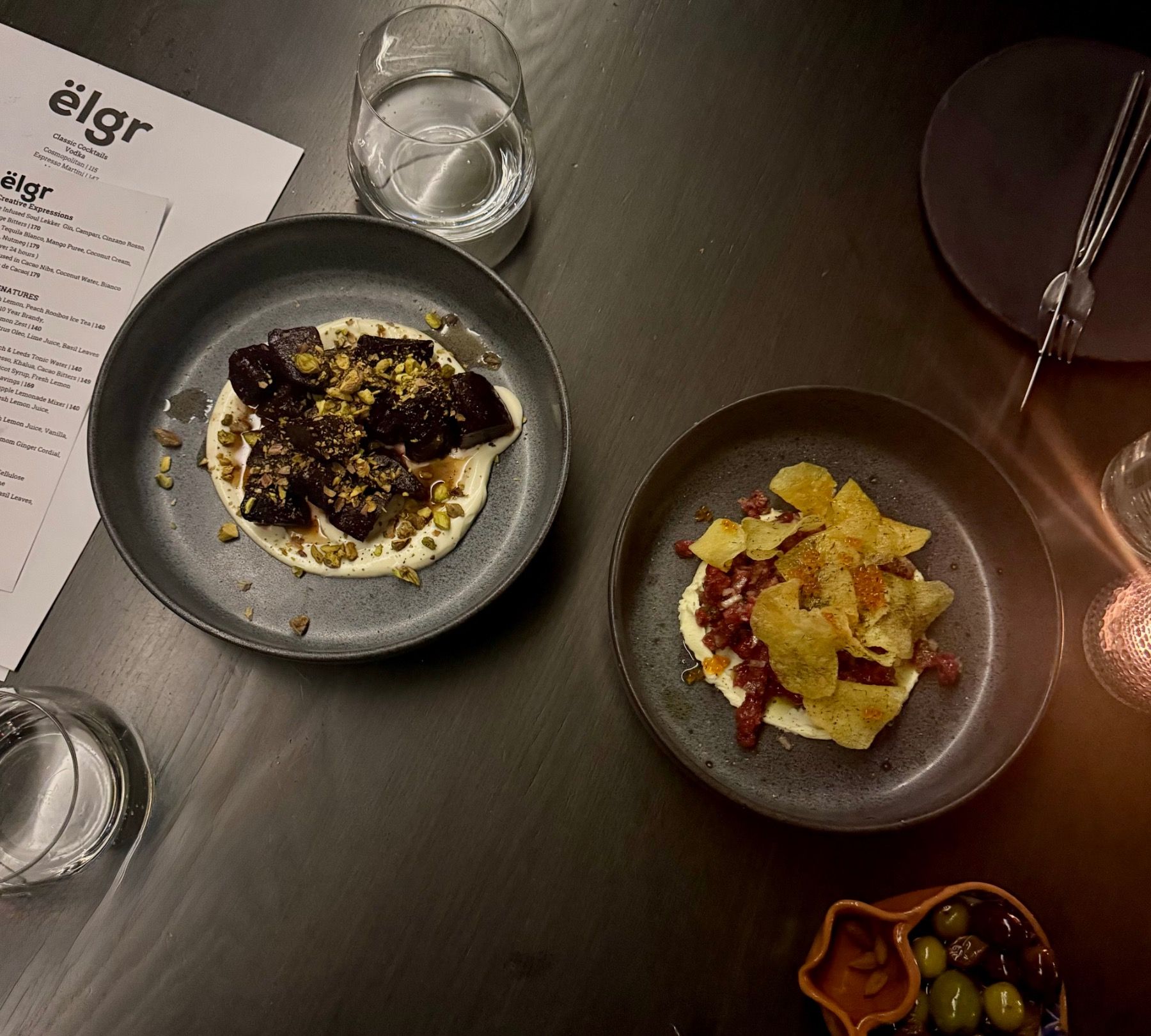 Raw beef with trout roe and crème fraîche with beetroot and goat’s cheese at Elgr Cape Town – bold, textured modern tapas