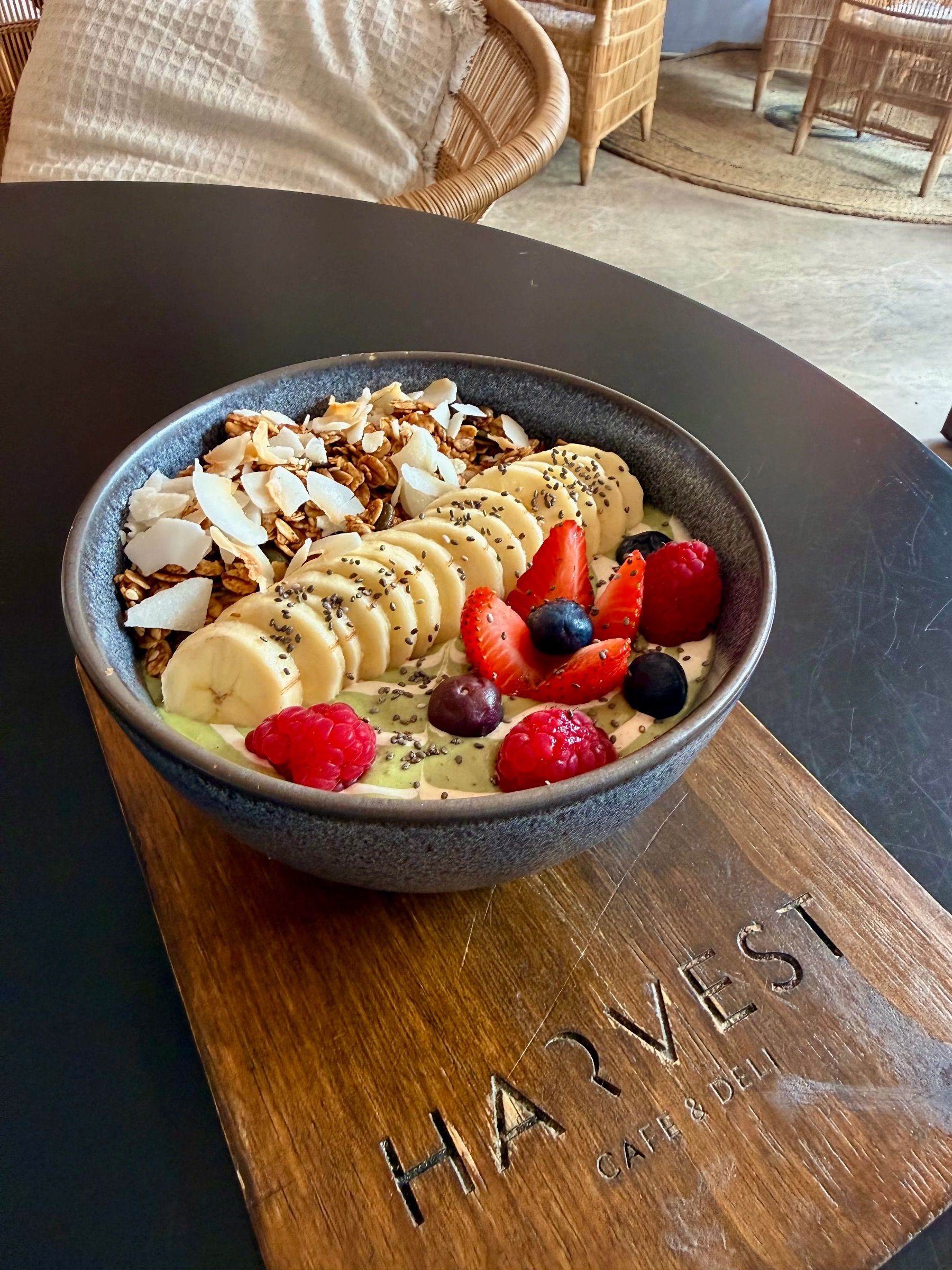 Into the Blue smoothie bowl from Harvest Café Muizenberg with fruit, coconut flakes and house-made granola