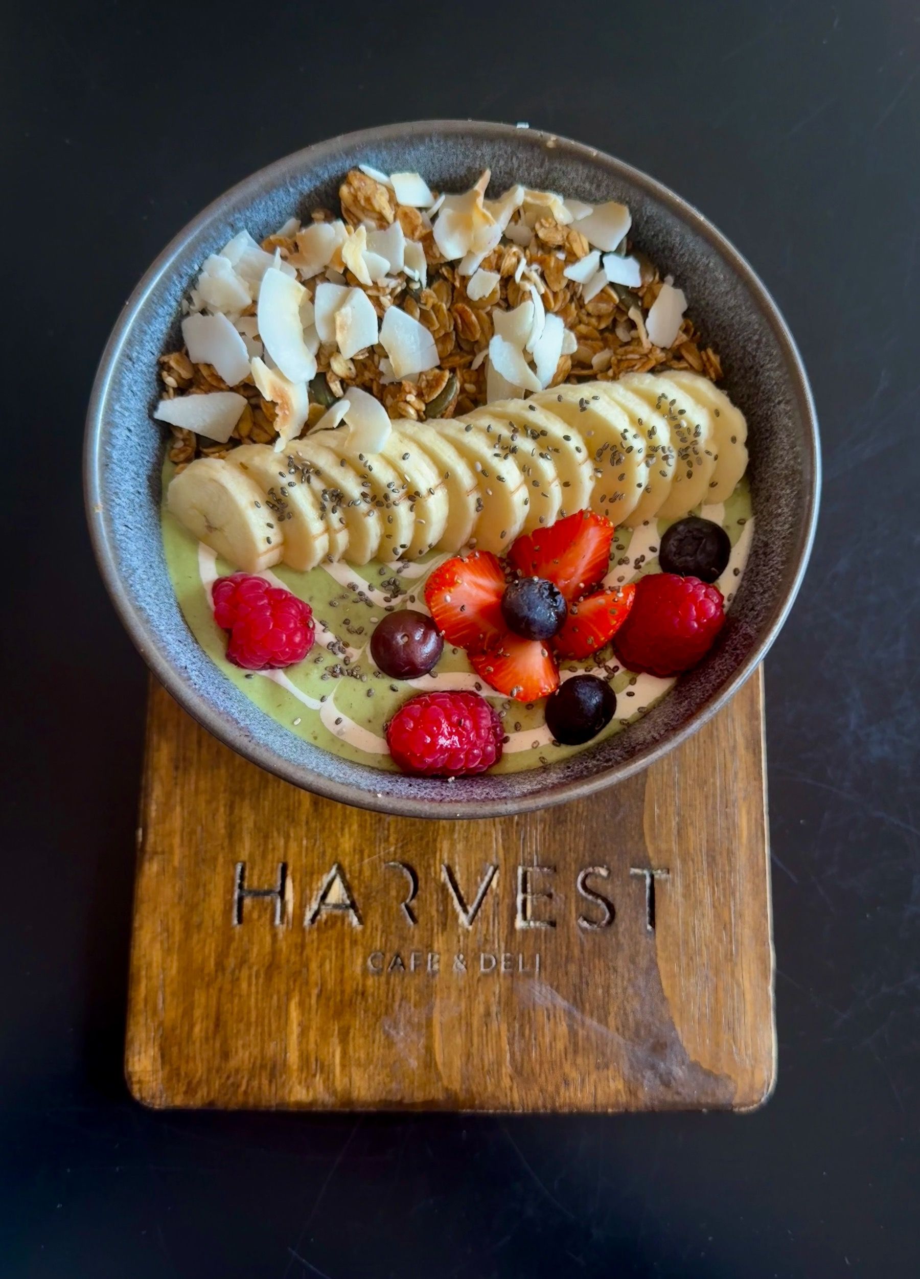 Into the Blue smoothie bowl from Harvest Café Muizenberg with fruit, coconut flakes and house-made granola