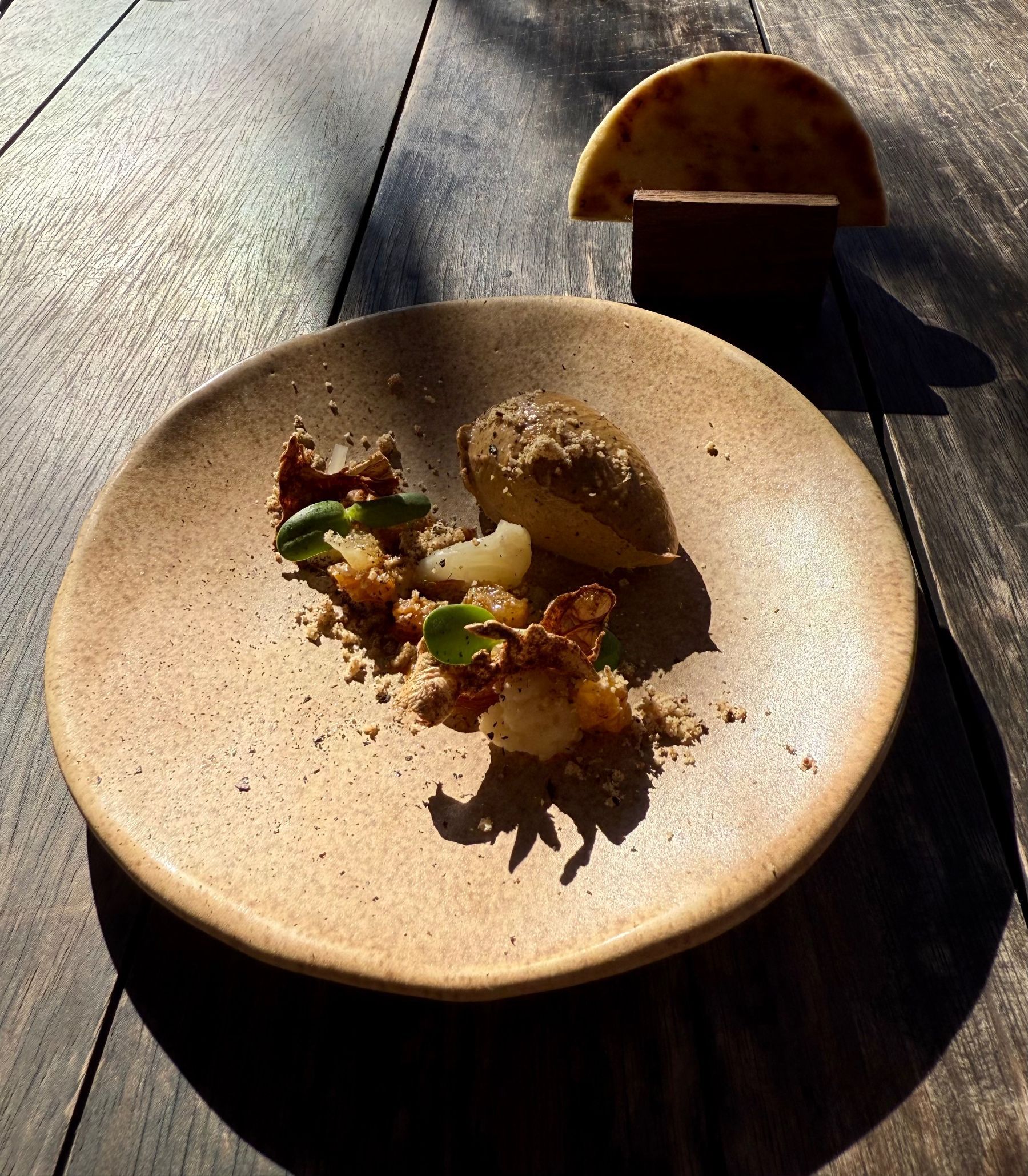 Cauliflower parfait with tahini, sultanas and flatbread at Foxcroft Constantia