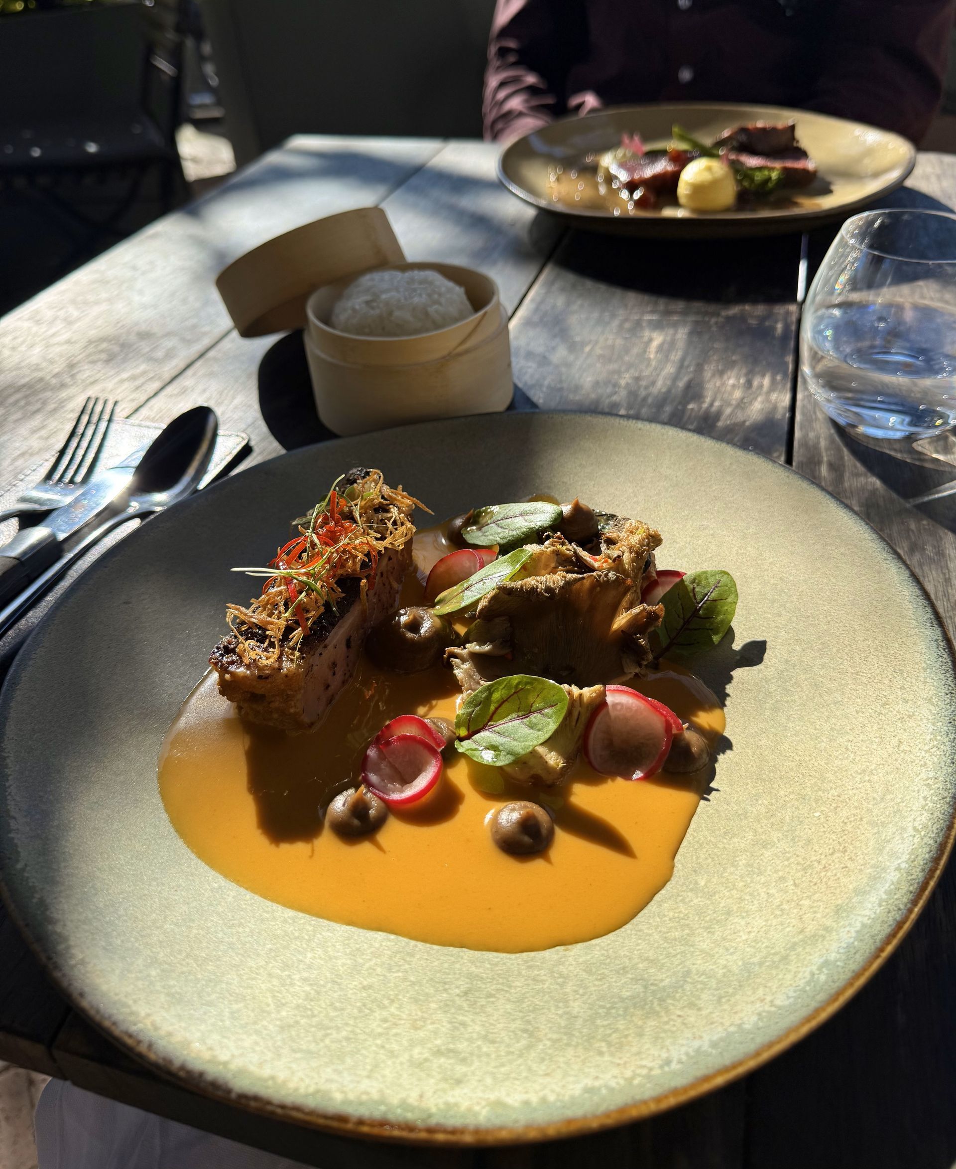 Plate with entree and sauce, plus side of radish. Wooden table, outdoor dining.