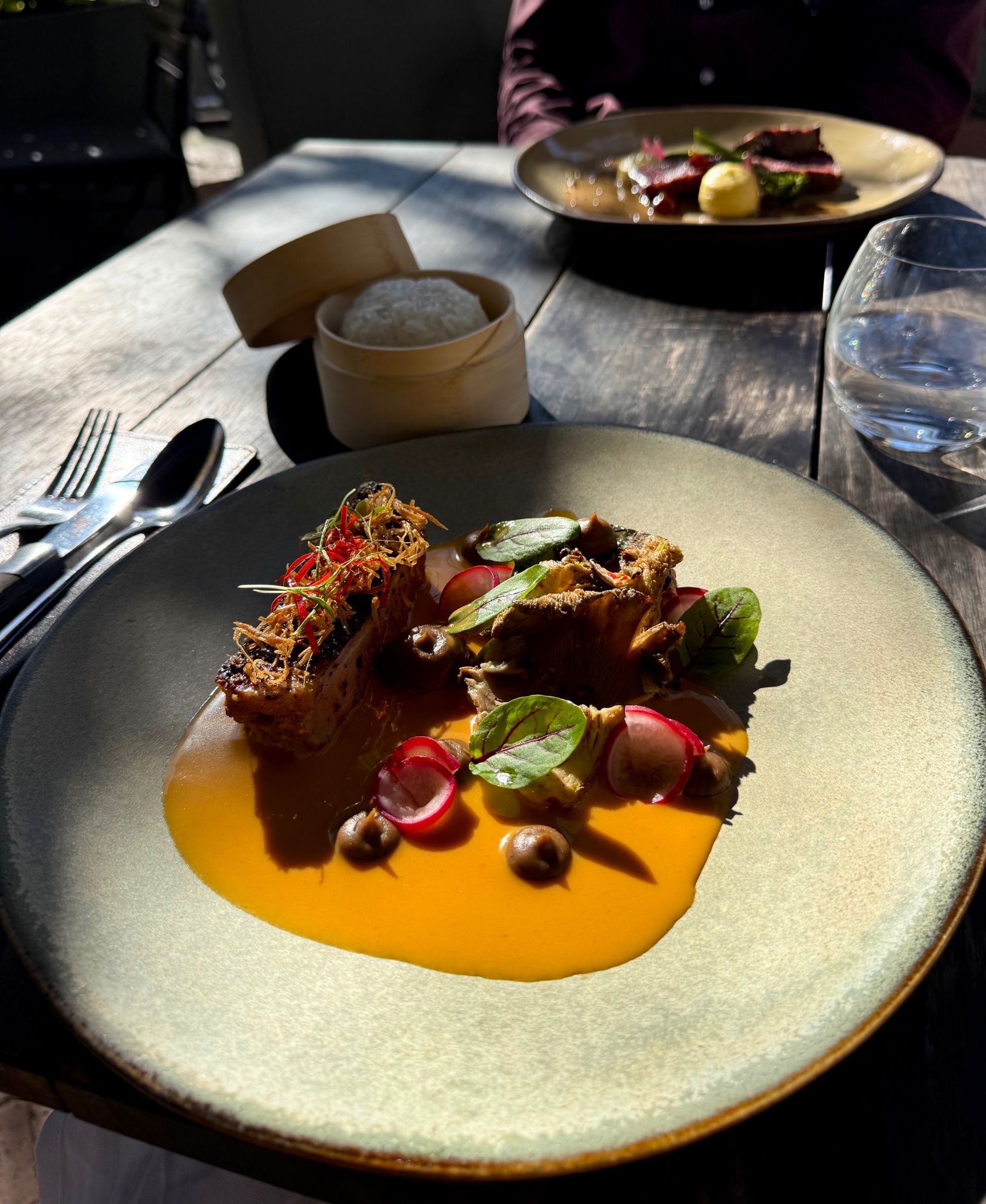 Thai BBQ duck with red curry sauce and sticky rice at Foxcroft Constantia