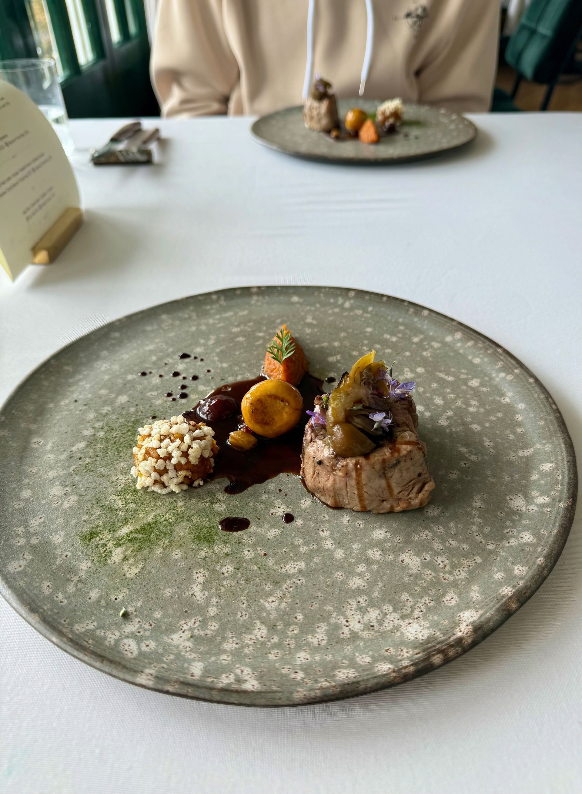 Close-up of a plate with a gourmet meal: meat, vegetables, and sauce, on a gray speckled plate.