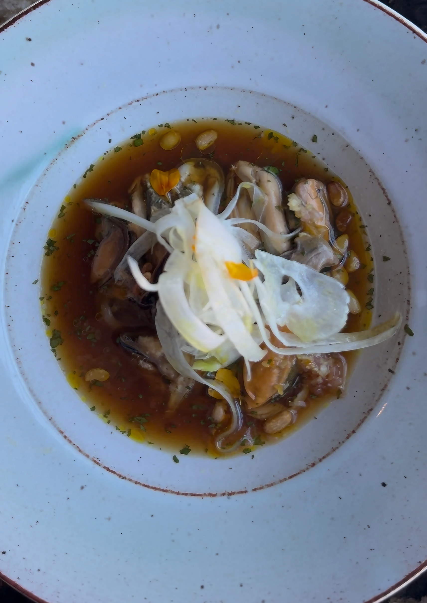 Mussels in broth, garnished with thinly sliced onions, in a white bowl.
