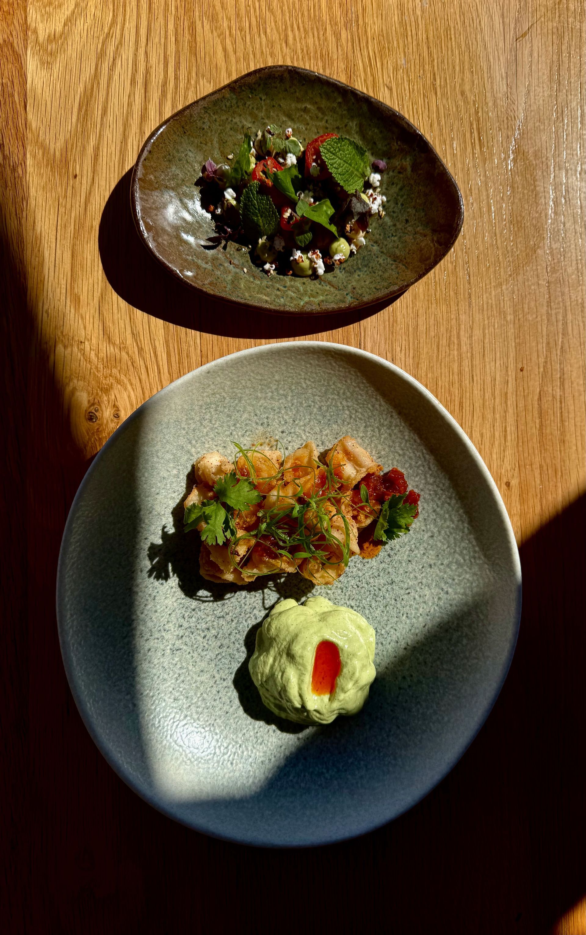 Two small dishes on a wooden table. One holds green salad, the other fried food with sauce and green dip.