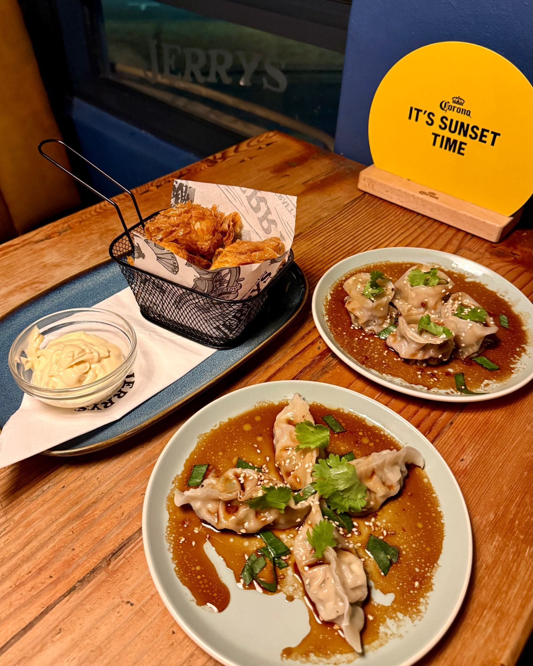 Trio of tapas with Wagyu dumplings, chicken potstickers and cheese bombs
