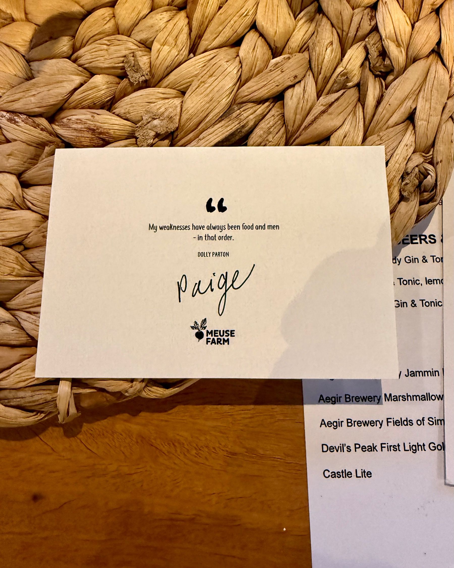 Handwritten name card at Meuse Farm x Painted Wolf Wines pairing dinner.