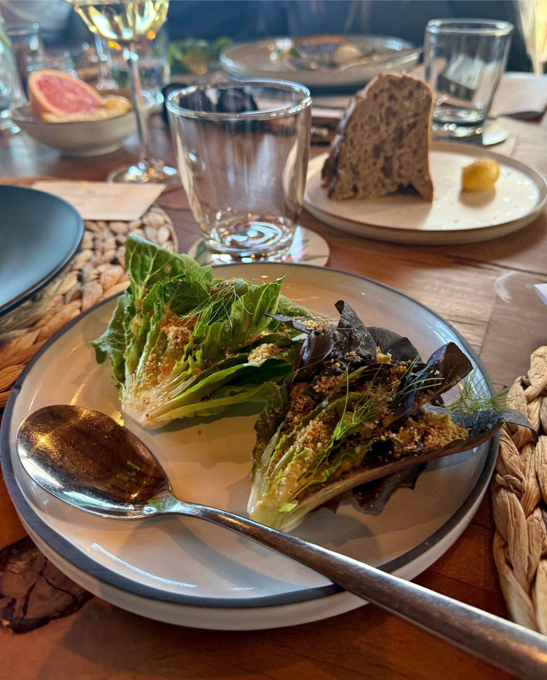 Baby bibb lettuce and lemon verbena aioli paired with Painted Wolf Teardrop Viognier at Meuse Farm