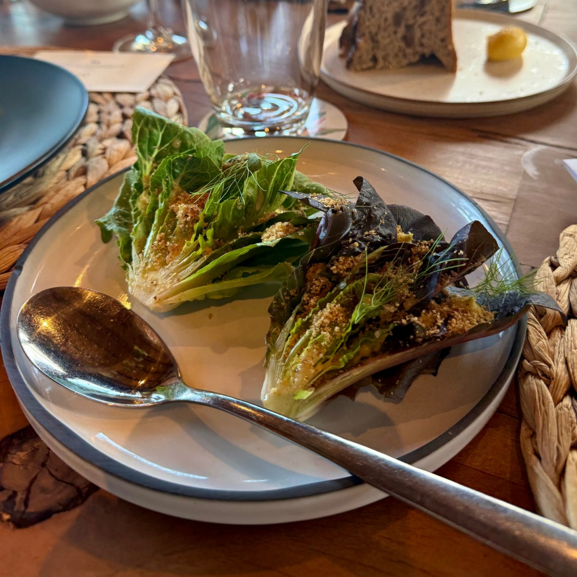 Baby bibb lettuce and lemon verbena aioli paired with Painted Wolf Teardrop Viognier at Meuse Farm