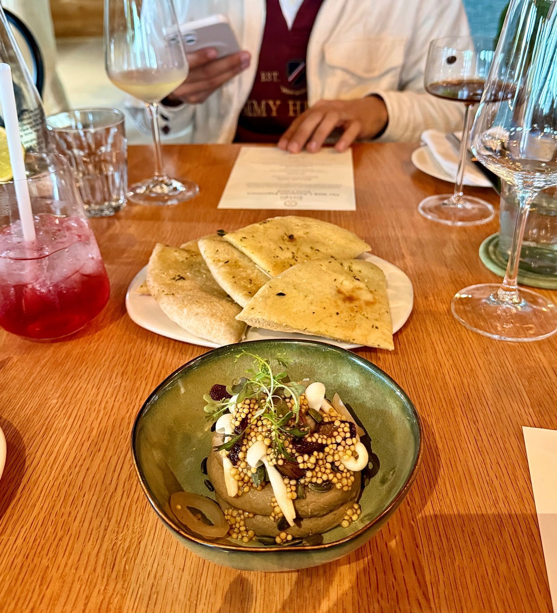 Mushroom parfait with pickled onions and mushrooms served with warm garlicky flatbread at Mill Street Bistro