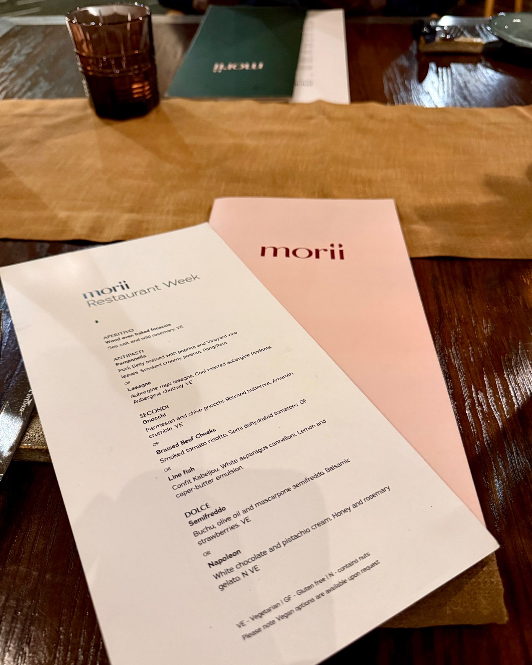 Menus for Restaurant Week and à la carte at Morii, Vineyard Hotel
