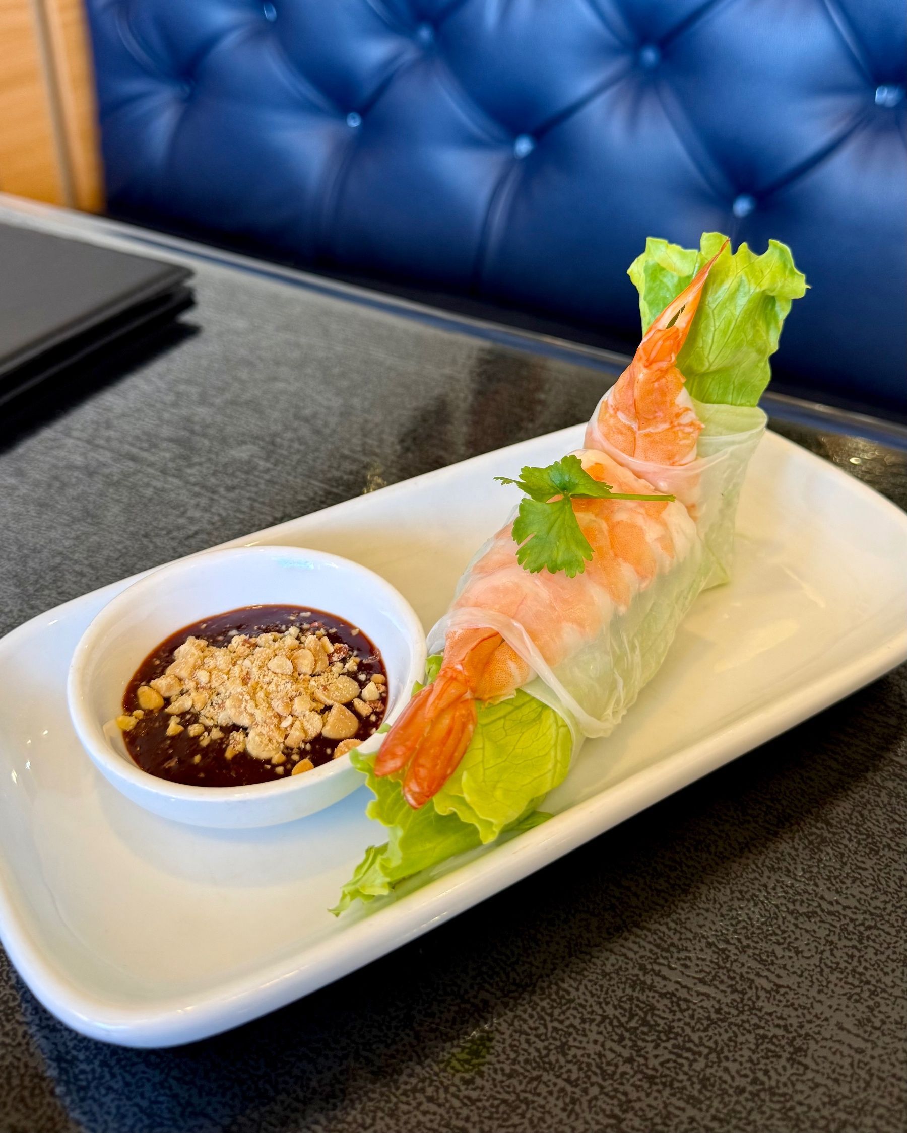 Fresh prawn spring rolls with hoisin dipping sauce at Vietnamese Street Kitchen
