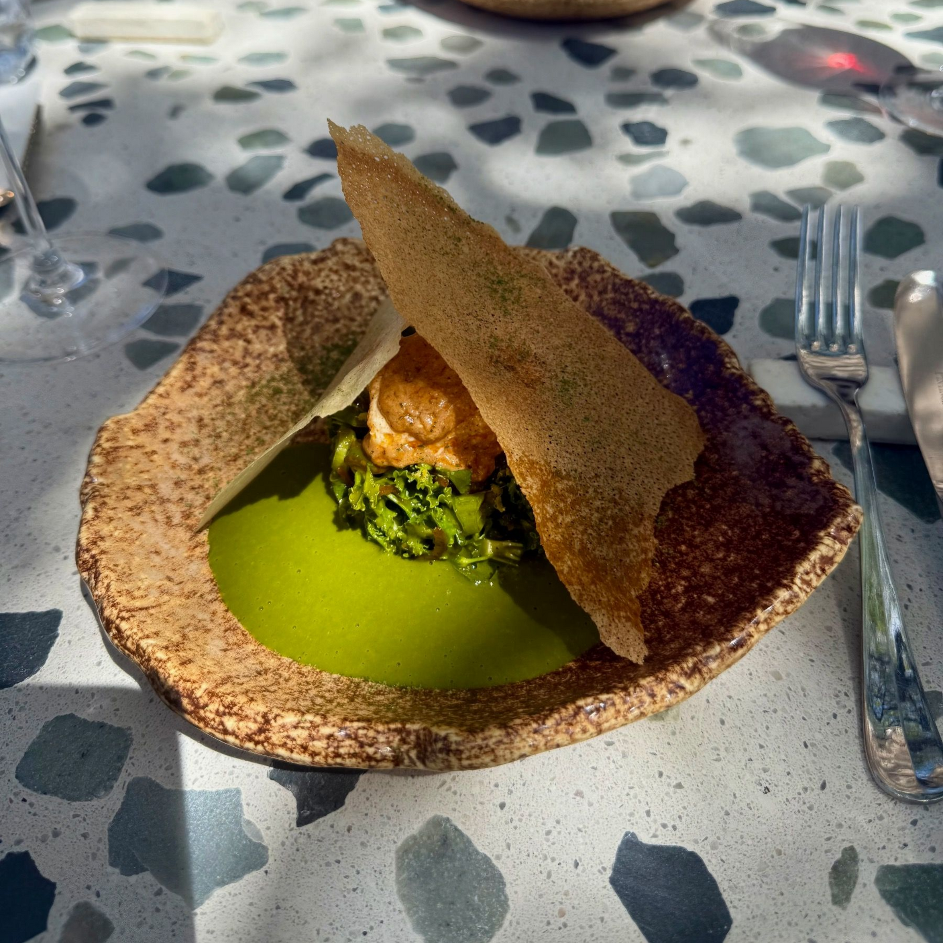 Charred green tartare with paneer, palak spinach sauce and naartjie atchar, Upper Union Cape Town
