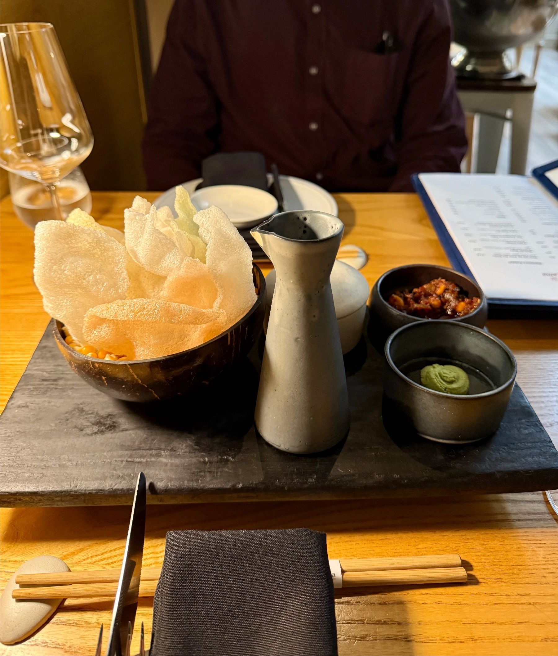 Crispy prawn crackers served with dipping sauces at Yama Cape Town