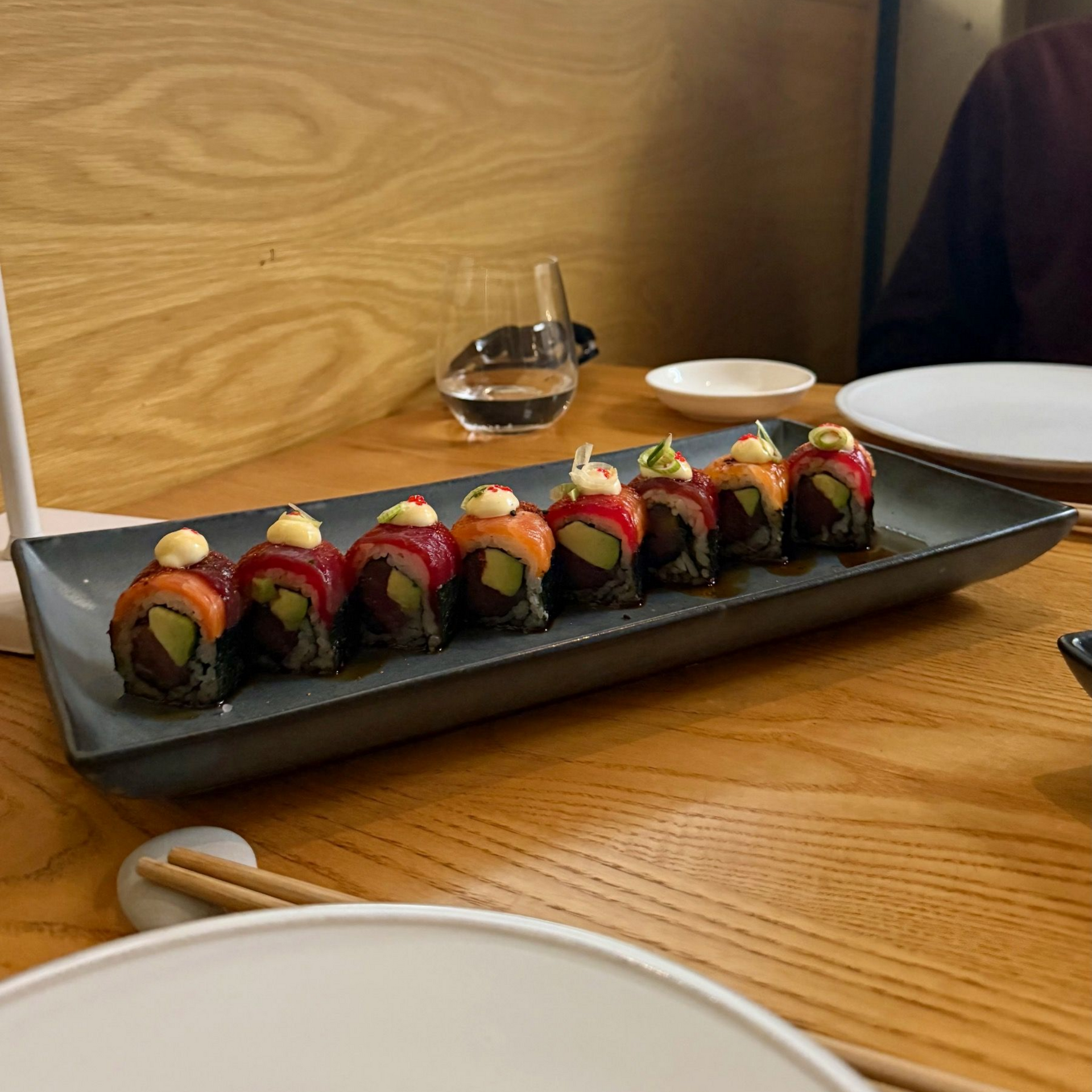 Tuna sushi rolls plated on black slate at Yama Asian Eatery Cape Town