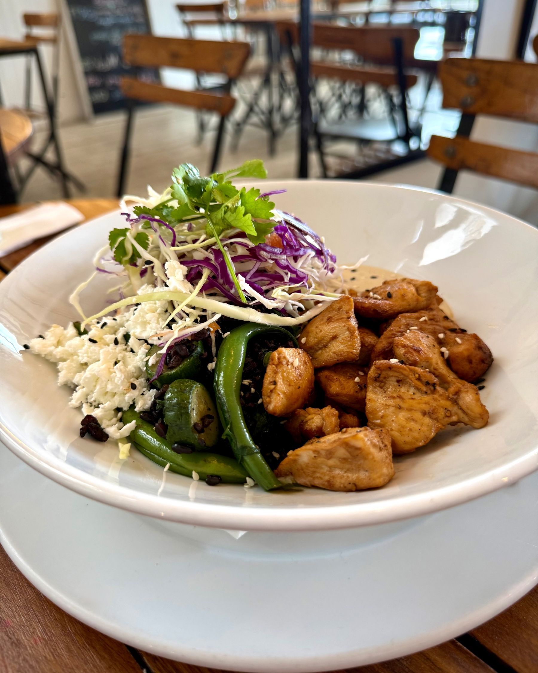 Chicken Bowl with grilled chicken, black rice, vegetables and tahini dressing at Dalebrook Café.
