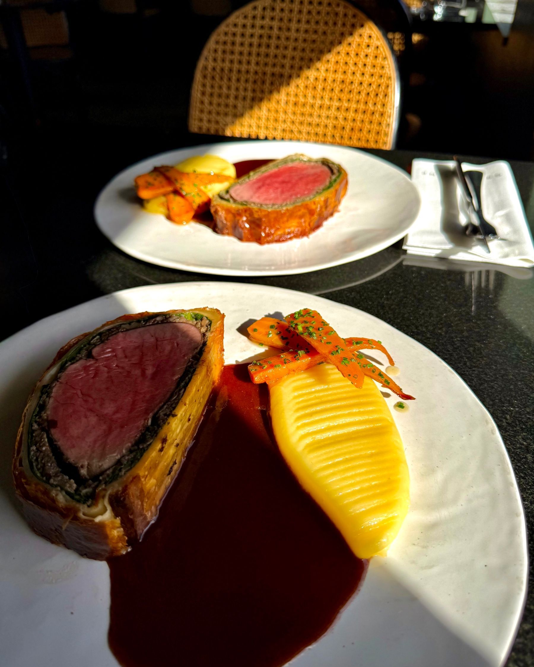 Close-up of the signature Beef Wellington at Grub & Vine.