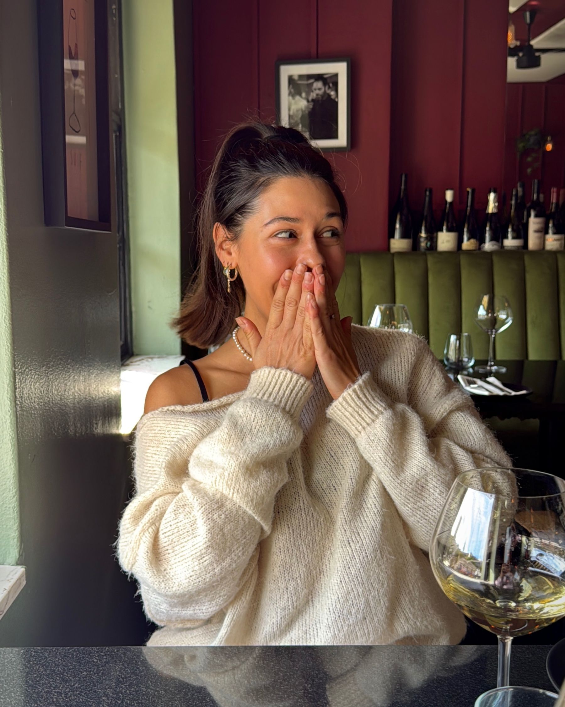 Paige reacting to the arrival of the Beef Wellington.