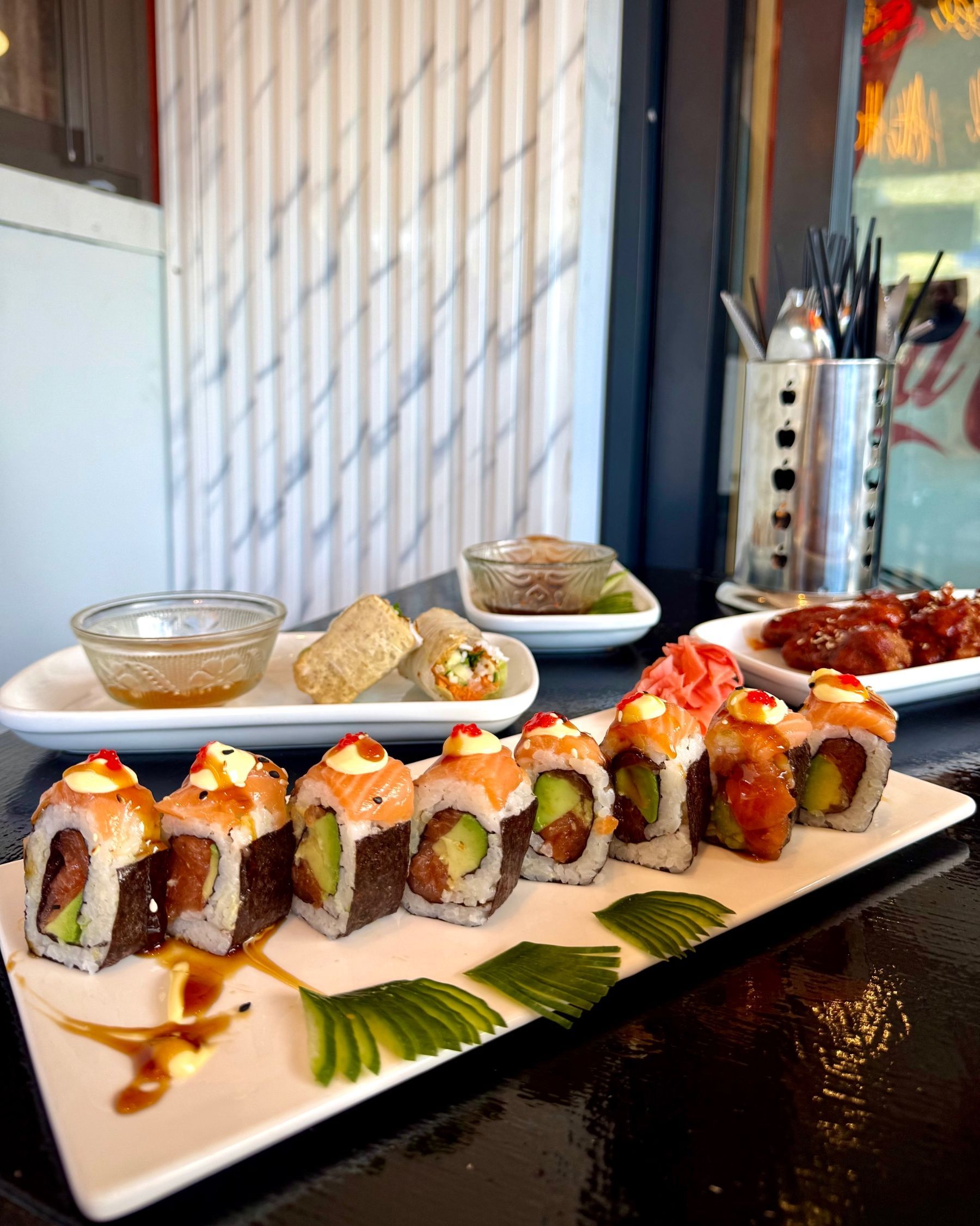 Fresh salmon rainbow rolls served at Pho Hue Vietnamese restaurant in Hout Bay.