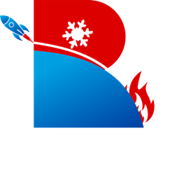 A red and blue logo with a rocket and a snowflake