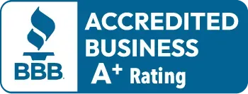 A blue sign that says accredited business a+ rating