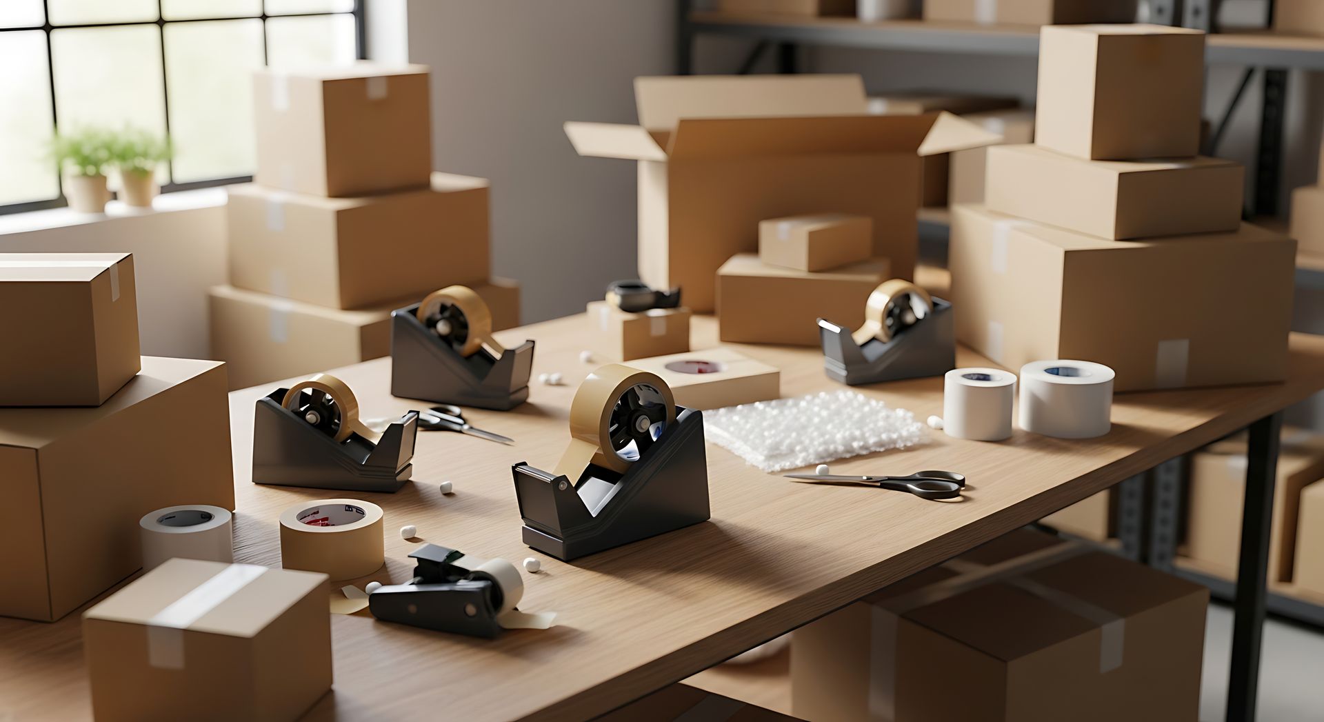 A collection of cardboard boxes and packing supplies neatly arranged on a wooden table.