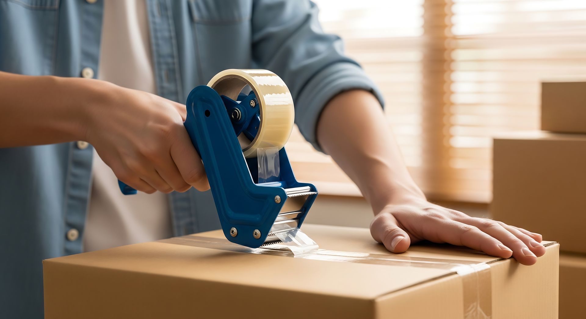 Person sealing a cardboard box with a blue tape dispenser at a desk