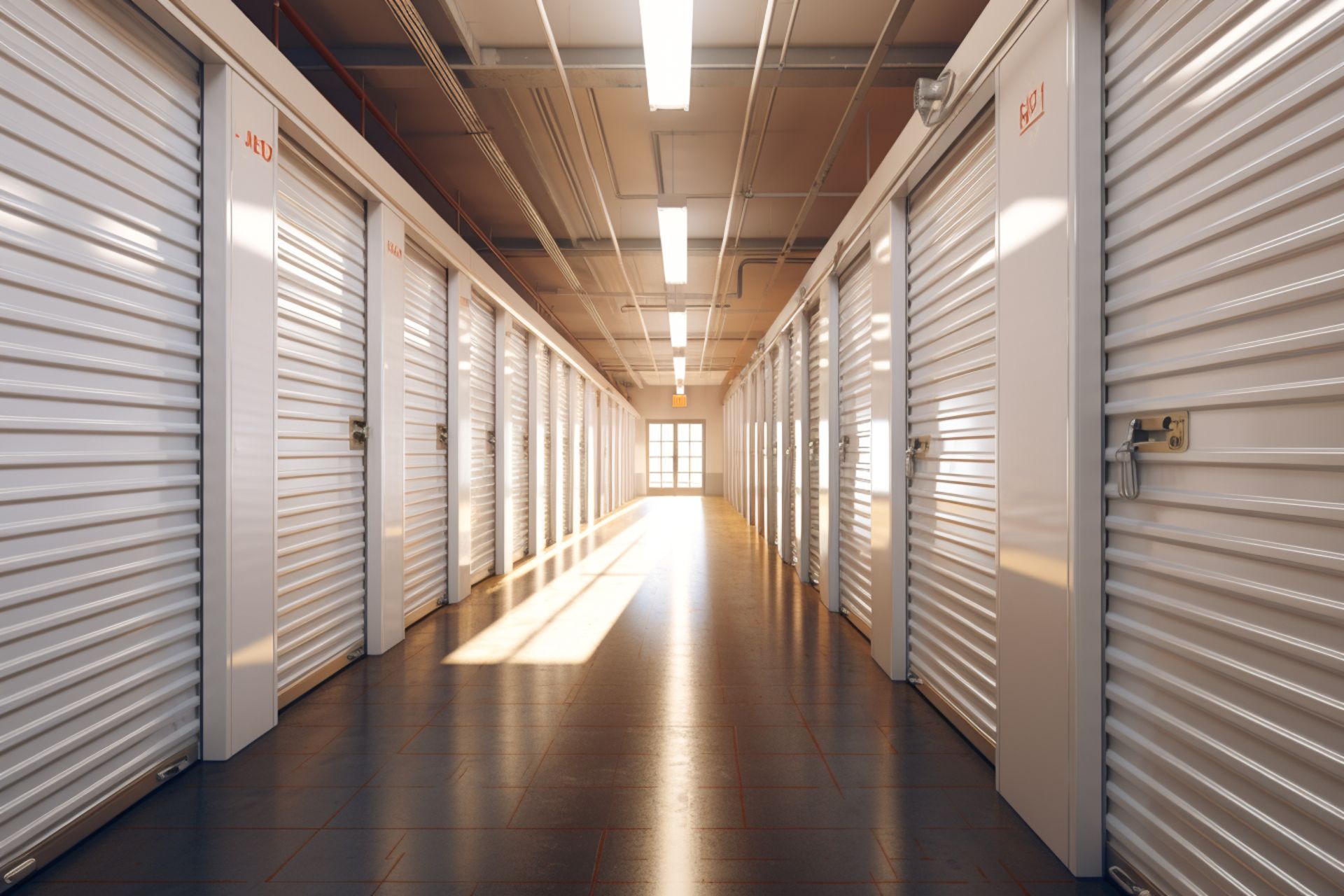 Bright hallway of clean, secure self-storage units with closed doors and polished floors.