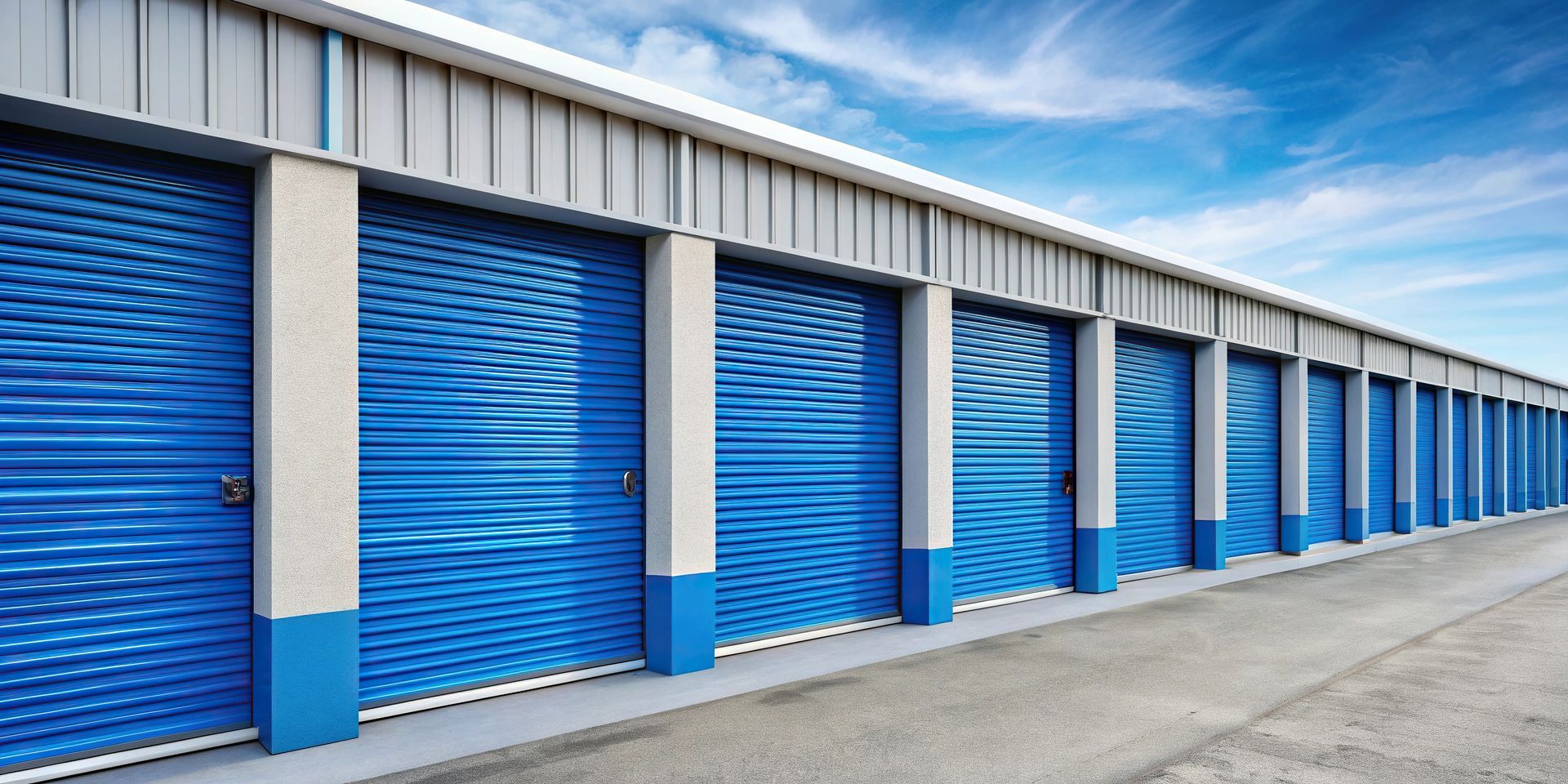 A row of modern blue self-storage units with secure doors under a clear, sunny sky A row of modern blue self-storage units with secure doors under a clear, sunny sky